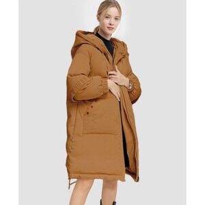 nap brand Oversized Hooded Down Puffer Coat Parka Brown Silk Size SM‎